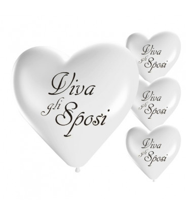 Palloncini bianchi cuore scritta Viva gli sposi - Ø 25 cm - 50 pezzi 